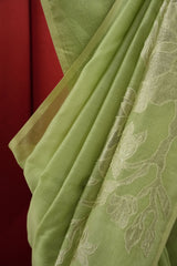Chanderi Applique Work Saree - Light Green
