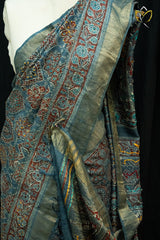 Tussar Ajrakh Print - English Grey