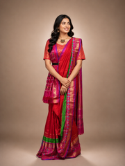Ikkat Pattu Saree - Rani Pink & Red