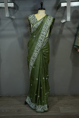 Tussar Kantha Work - Mehendi Green
