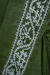 Tussar Kantha Work - Mehendi Green