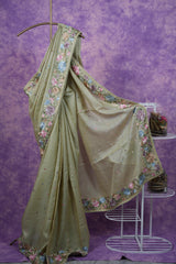 Tussar Parsi Work - Olive Green