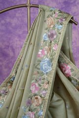 Tussar Parsi Work - Olive Green