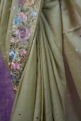 Tussar Parsi Work - Olive Green