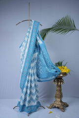 Ikkat cotton - white & Sky Blue