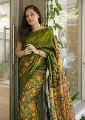 Banarasi Pen Kalamkari - Olive Green