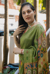 Banarasi Pen Kalamkari - Olive Green