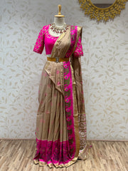 Ikkat Pattu Saree - Beige & Rani Pink