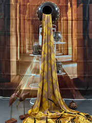 Pure Georgette - Yellow and Brown Geometric Print Saree