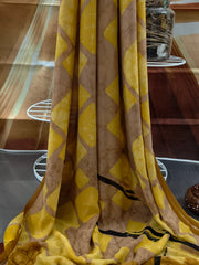 Pure Georgette - Yellow and Brown Geometric Print Saree