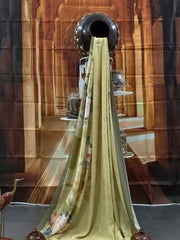 Pure Georgette - Light Olive Green Floral Print Saree