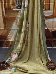 Pure Georgette - Light Olive Green Floral Print Saree