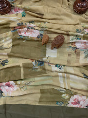 Pure Georgette - Light Olive Green Floral Print Saree