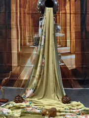 Pure Georgette - Light Olive Green Floral Print Saree
