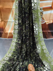 Pure Georgette - Green Floral Print Saree with Contrast Border