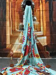 Pure Georgette - aqua blue floral printed saree