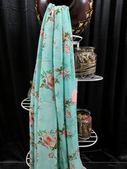 Pure Georgette - Aqua Blue Floral Printed Saree