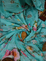 Pure Georgette - Aqua Blue Floral Printed Saree