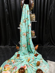 Pure Georgette - Aqua Blue Floral Printed Saree