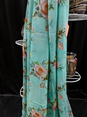 Pure Georgette - Aqua Blue Floral Printed Saree