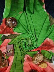 Georgette - Vibrant Green Large Floral Print Saree