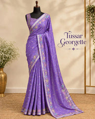 Tussar Georgette - Purple Floral Saree