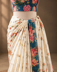 Semi Tussar - Ivory & Teal Blue
