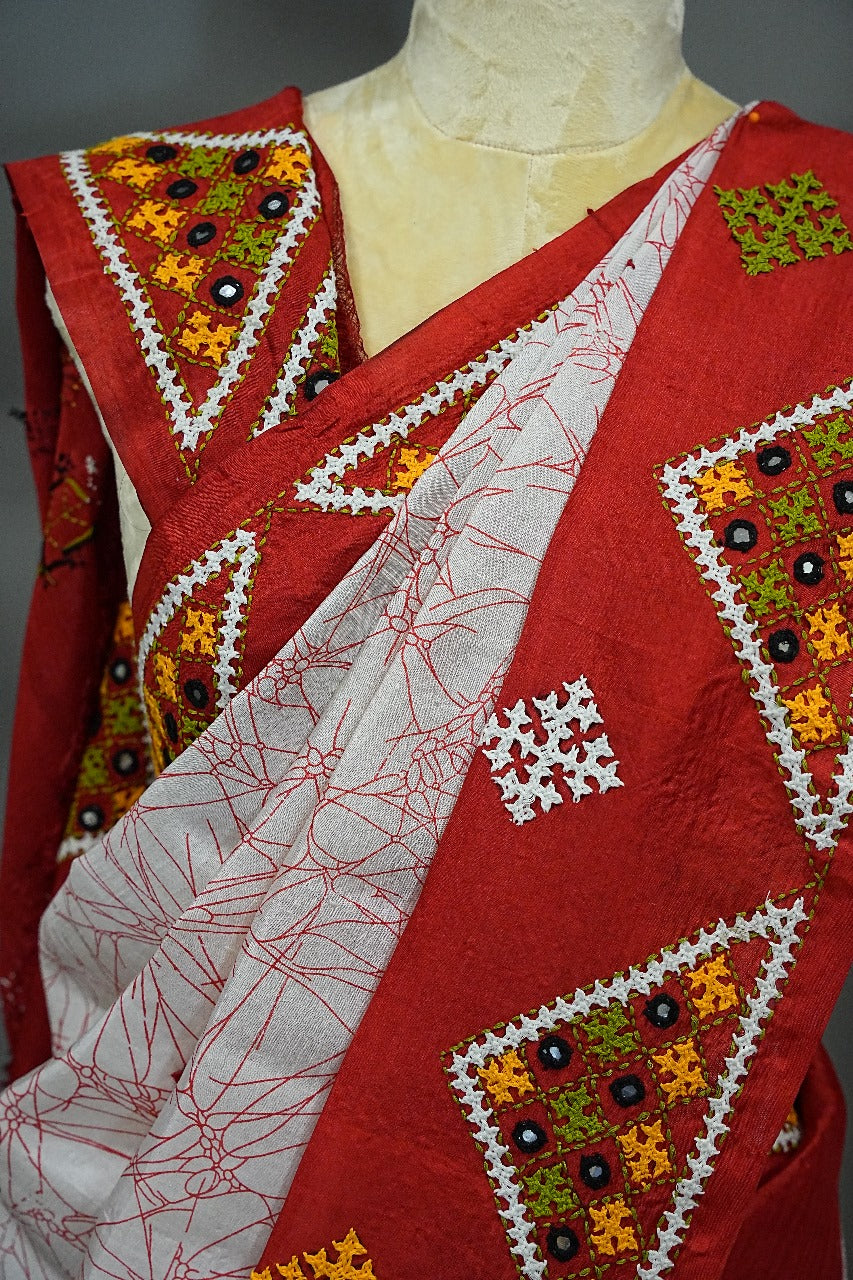 Desi Tussar Kutch Work - White & Red