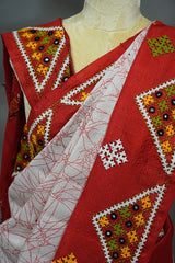 Desi Tussar Kutch Work - White & Red