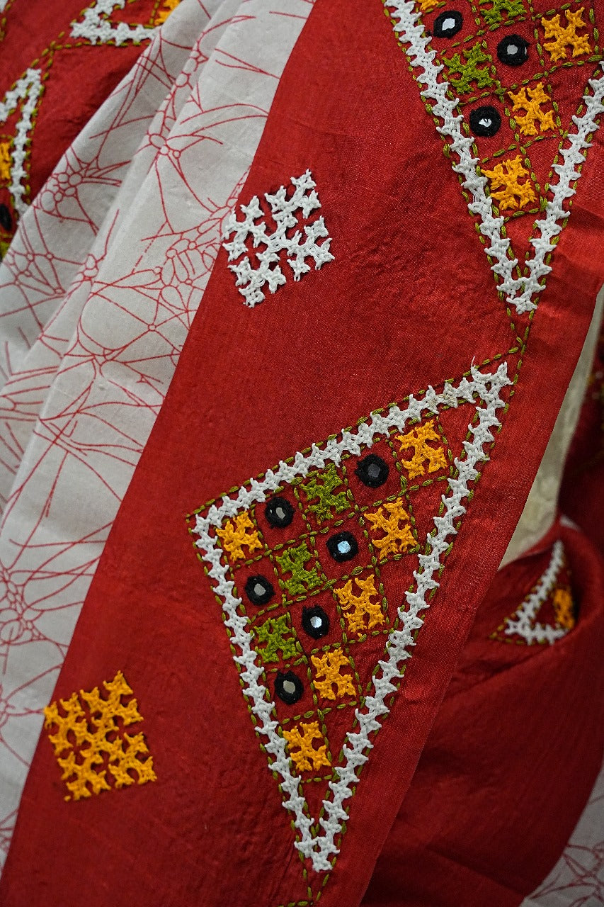 Desi Tussar Kutch Work - White & Red