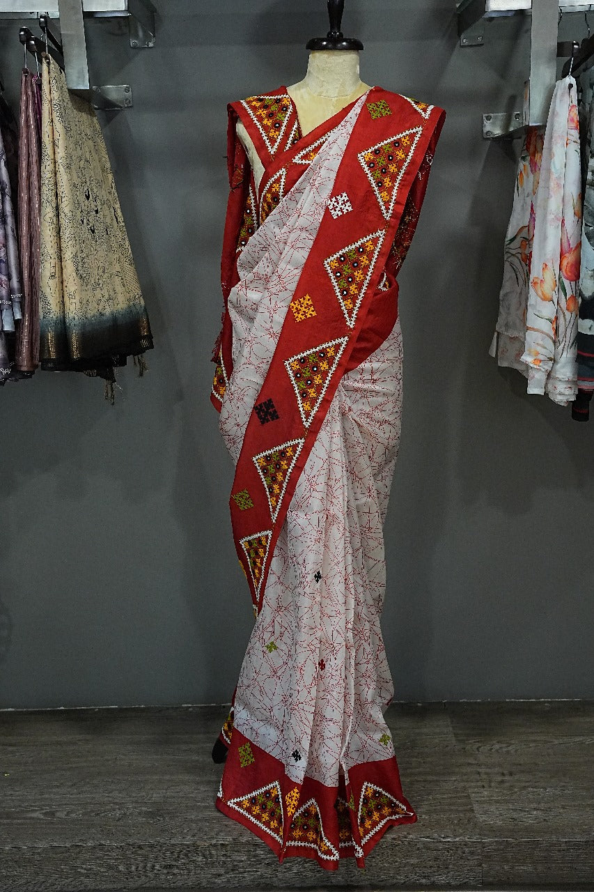 Desi Tussar Kutch Work - White & Red