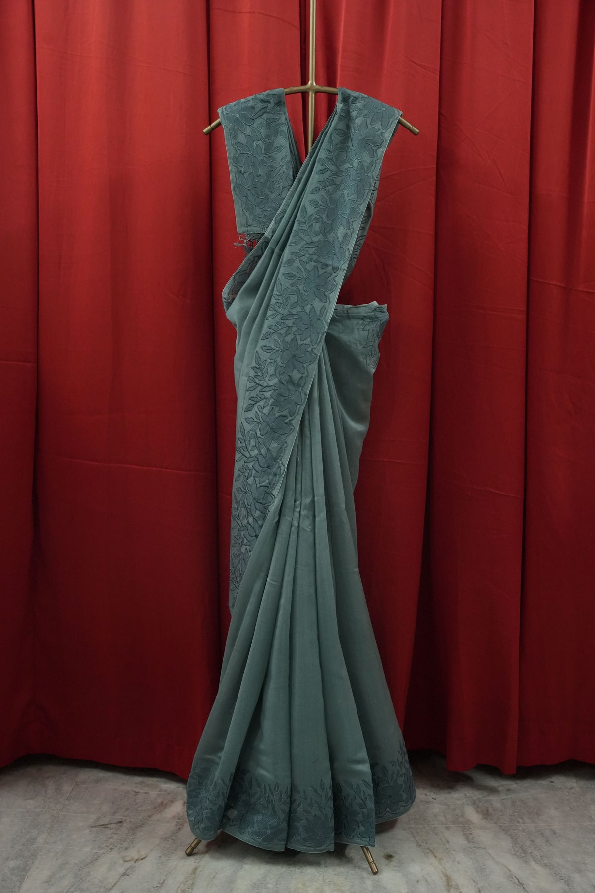 Chanderi Applique Work Saree - Teal Blue