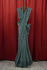 Chanderi Applique Work Saree - Teal Blue