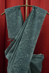 Chanderi Applique Work Saree - Teal Blue