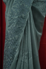 Chanderi Applique Work Saree - Teal Blue