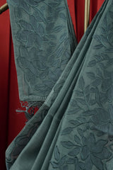 Chanderi Applique Work Saree - Teal Blue