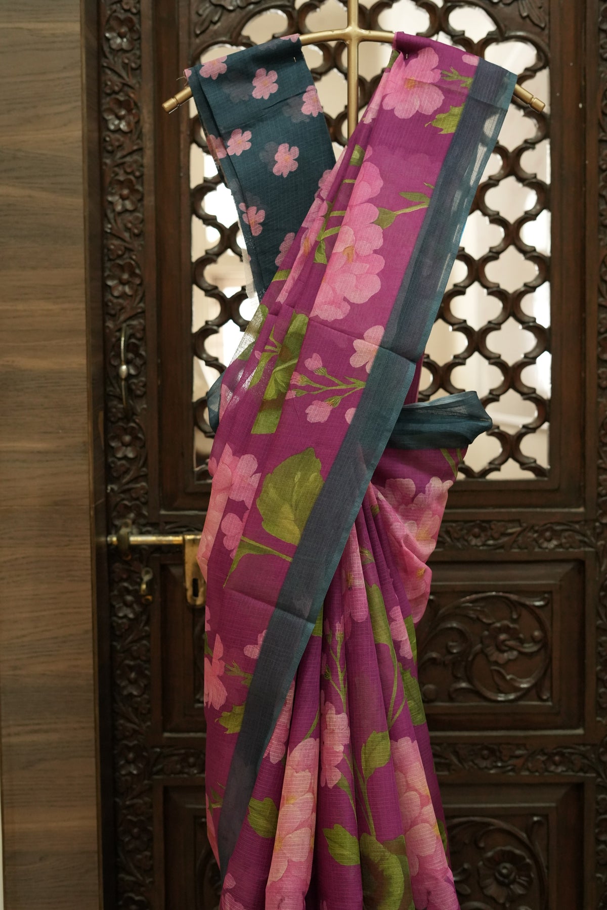 Cotton Kota Saree - Magenta with Teal Border