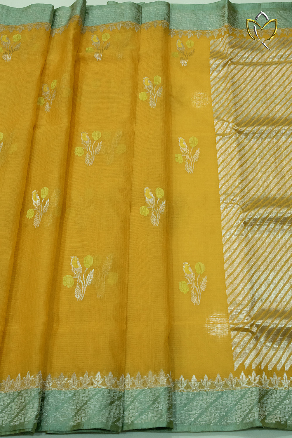 Pure Zari Kota - Mustard Yellow & Mint Green
