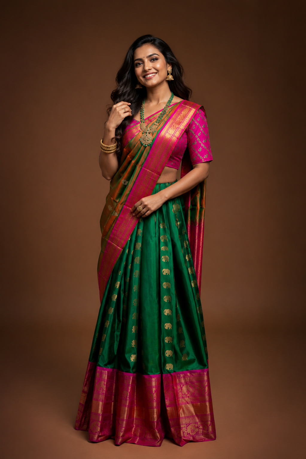 Kanchipattu Lehenga - Emerald Green & Rani Pink