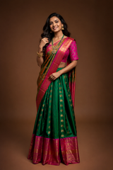 Kanchipattu Lehenga - Emerald Green & Rani Pink