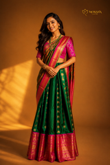 Kanchipattu Lehenga - Emerald Green & Rani Pink