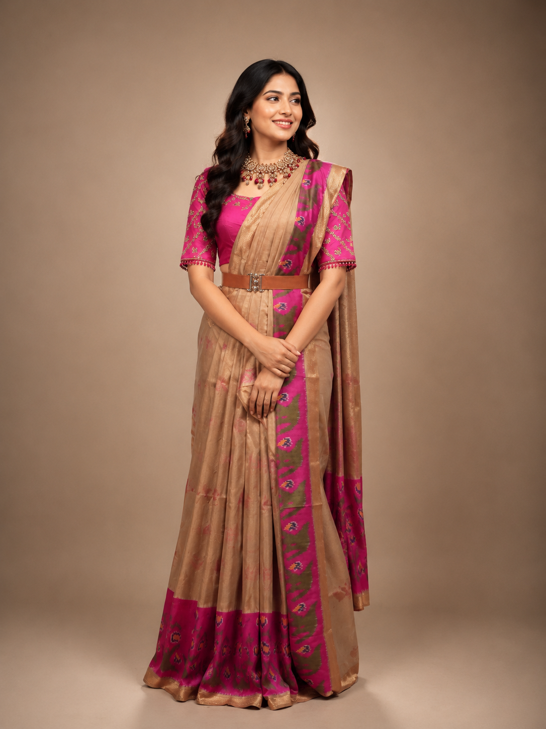 Ikkat Pattu Saree - Beige & Rani Pink