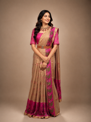 Ikkat Pattu Saree - Beige & Rani Pink