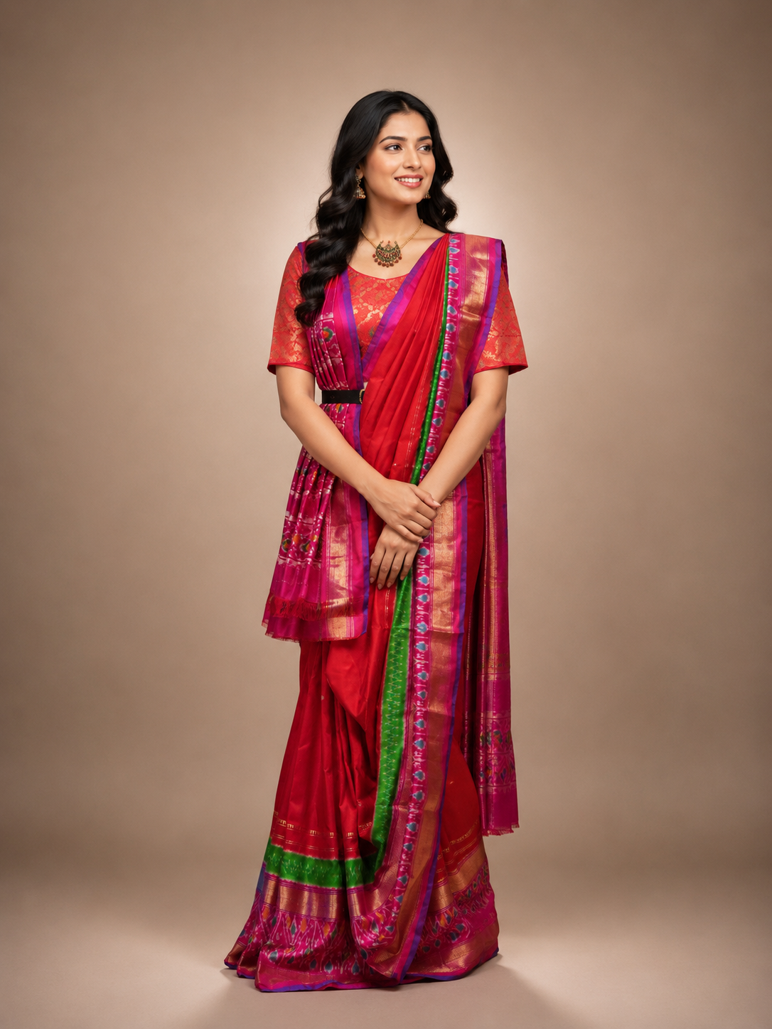 Ikkat Pattu Saree - Rani Pink & Red