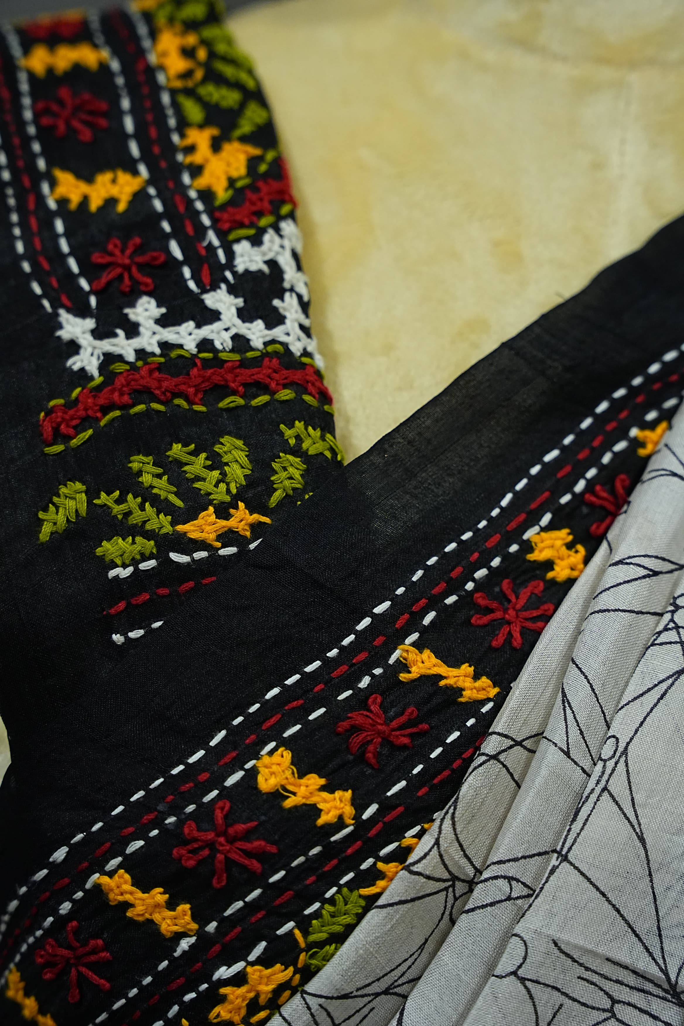 Tussar Kantha Work - Black & White