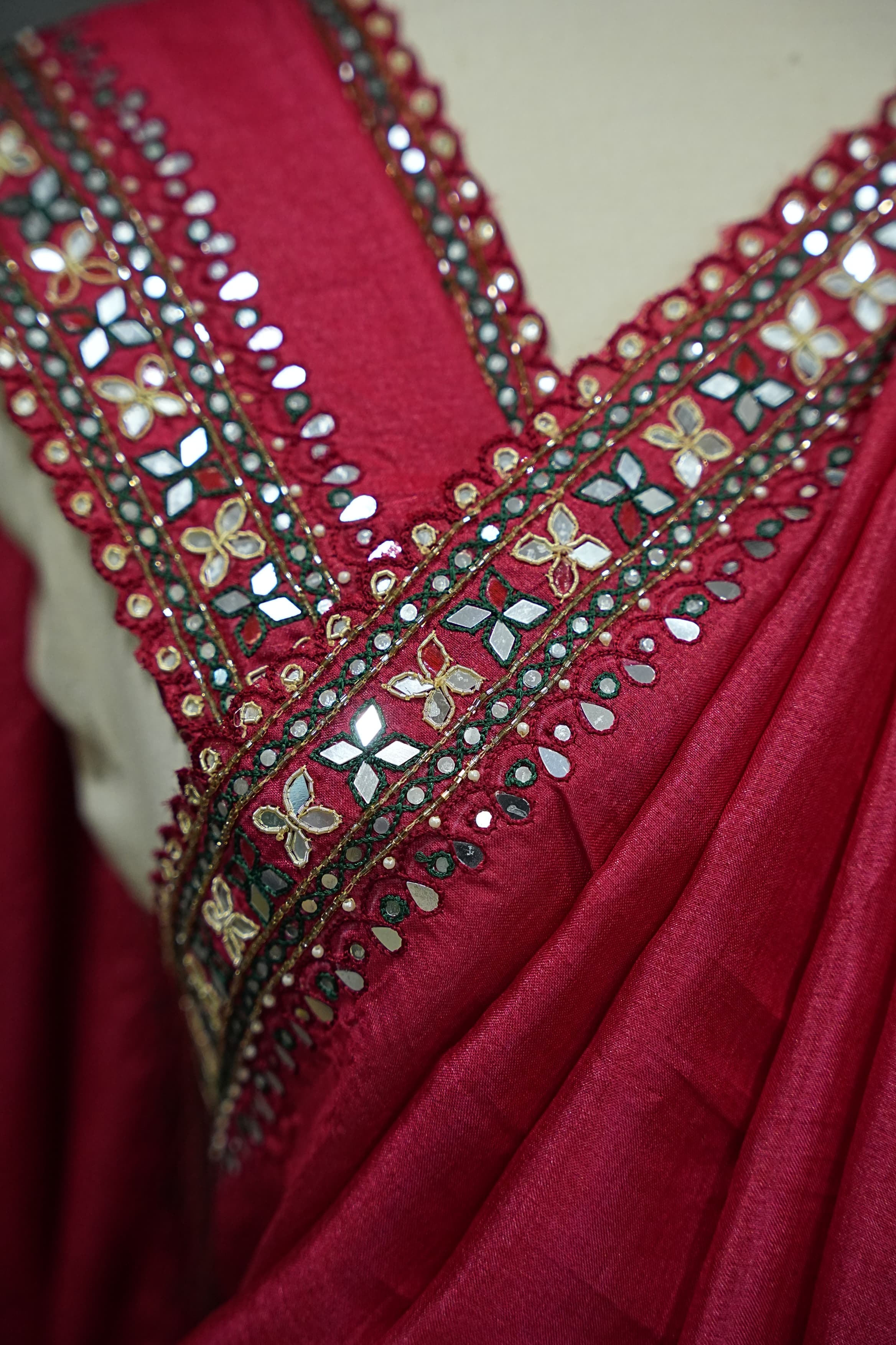 Tussar Mirror Work - Maroon