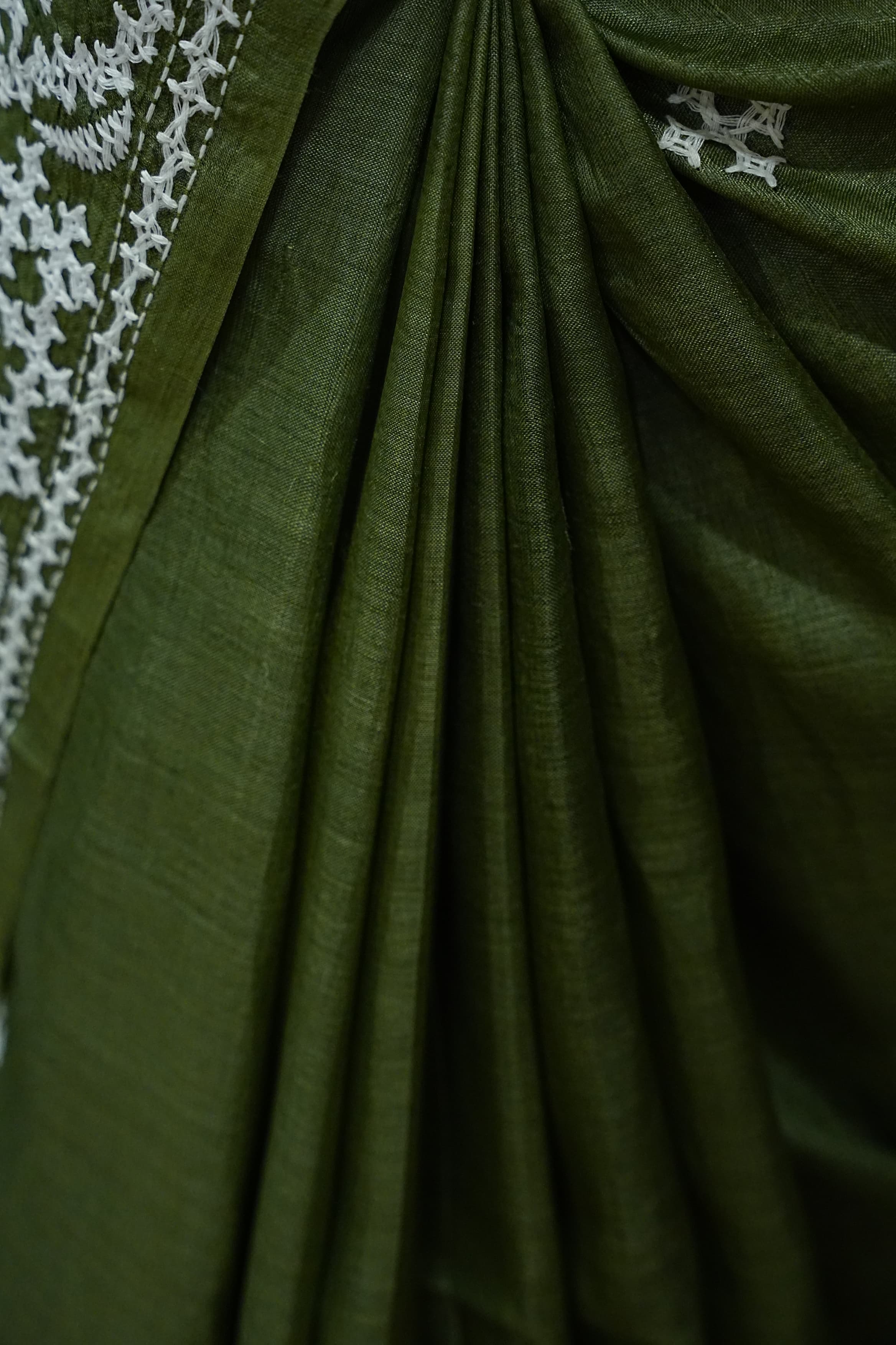 Tussar Kantha Work - Mehendi Green