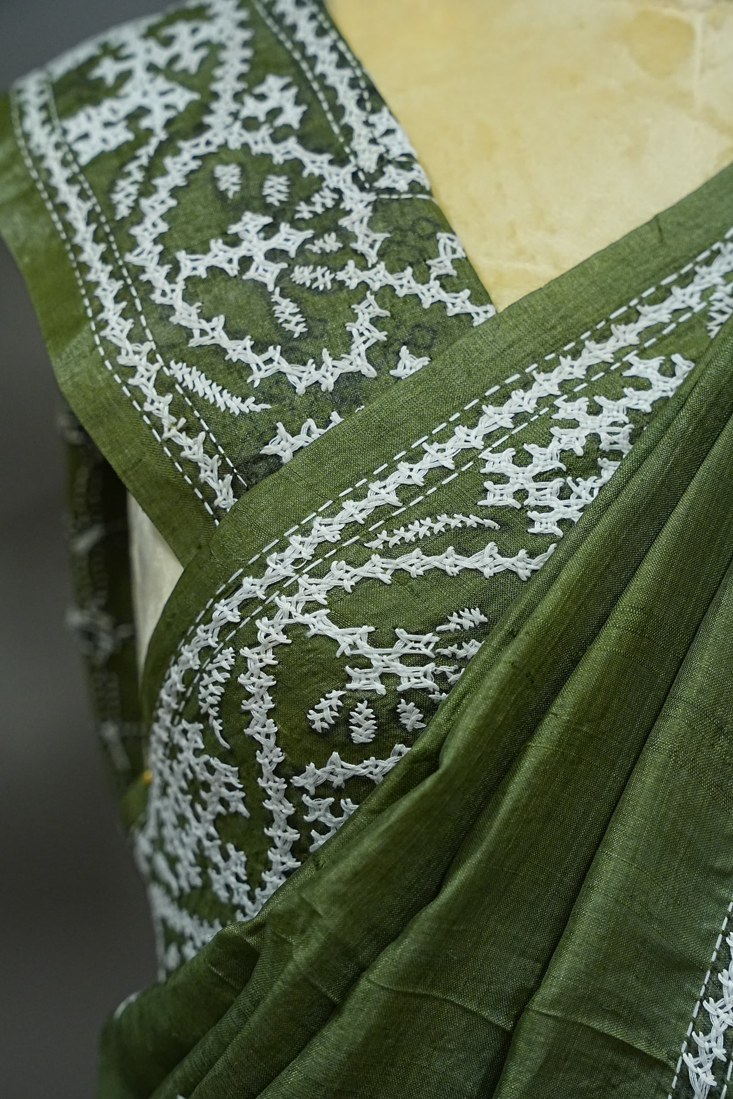 Tussar Kantha Work - Mehendi Green