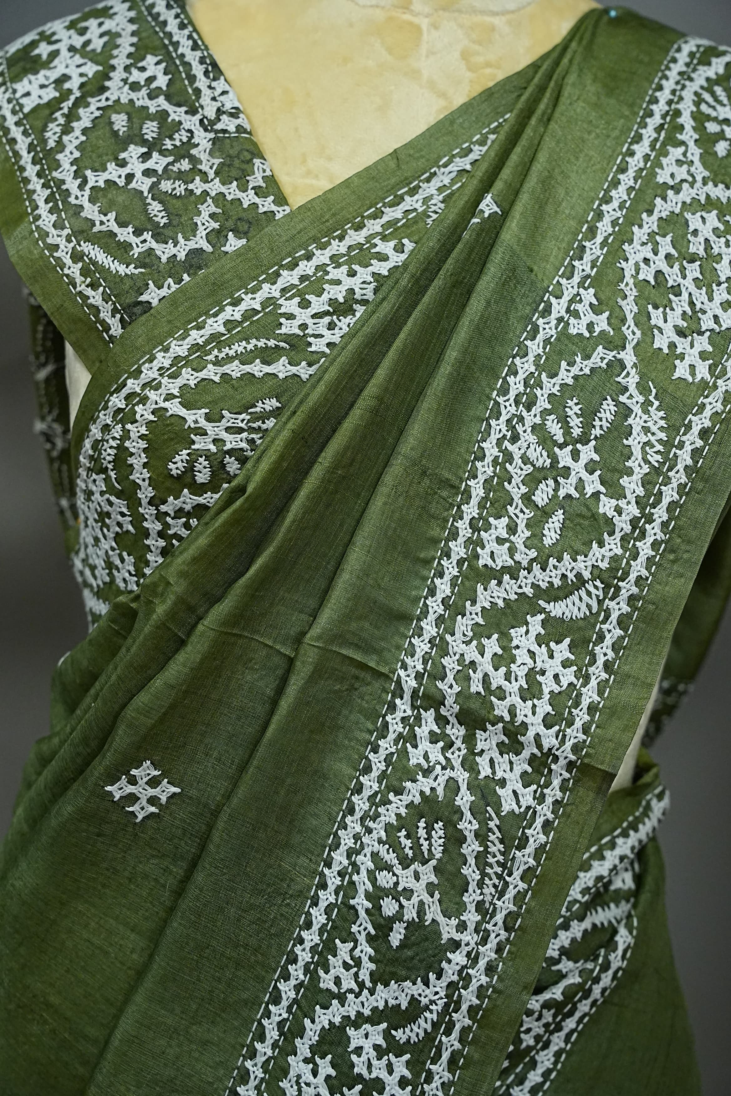 Tussar Kantha Work - Mehendi Green
