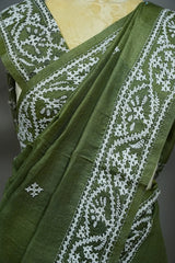 Tussar Kantha Work - Mehendi Green